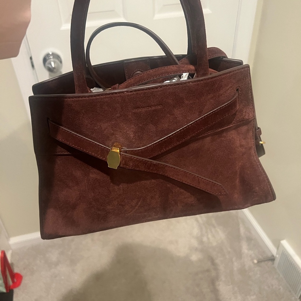 Veronica Beard Brown Suede Top-Handle Satchel with cross body strap